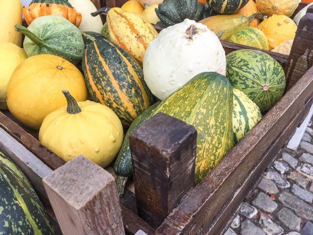 Hochwinkelansicht von Kürbissen zum Verkauf auf dem Markt