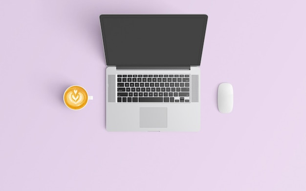 Hochwinkelansicht von Laptop mit Kaffee und Computermaus auf lila Hintergrund
