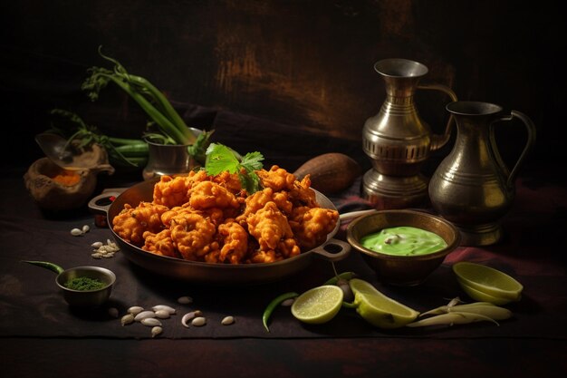 Foto hochwinkelansicht von pakora, die auf dem tisch serviert wird