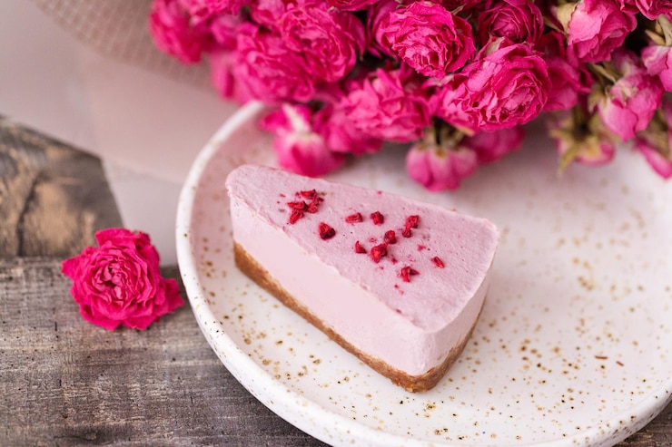 Foto hochwinkelansicht von rosa rosen und käsekuchen auf dem tisch