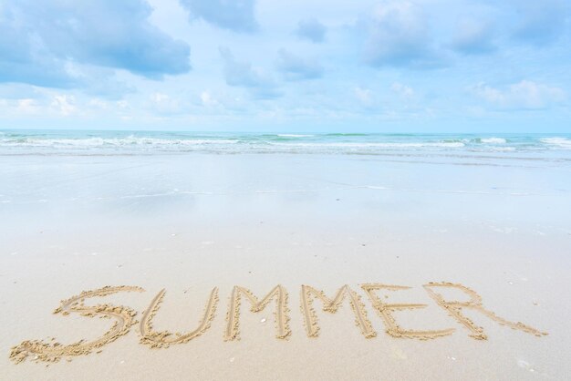 Hochwinkelansicht von Sommertext auf Sand am Strand gegen den Himmel