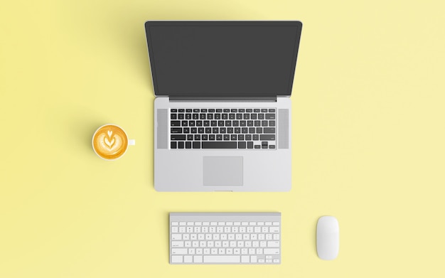Hochwinkelansicht von Technologie mit Kaffee auf gelbem Hintergrund