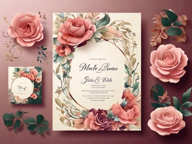 Hochzeits-Einladung luxuriöse Blumenkarte Vorlage mit Rosen Anemonen und Blätter Braut Bouquet RSVP Speichern Sie das Datum Menü Karte Design Geometrischer goldener Rahmen Grußkarte elegantes Vektordesign