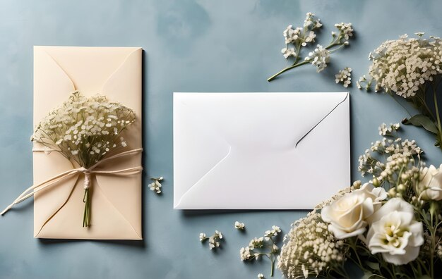 Foto hochzeits-mockup mit einer weißen papierliste und blumen gypsophila 2