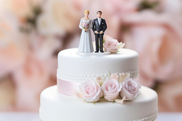 Foto hochzeits süßigkeiten oben auf einem hochzeitskuchen oben auf dem kuchen mit niedlichen figuren von zwei charmanten frauen in kleidern zusammen für immer