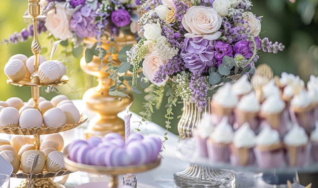 Hochzeits-Tischdekoration mit Lavendelblumen, Süßigkeiten und Kuchen