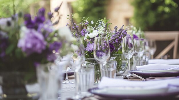 Hochzeits-Tischdekoration mit Lavendelblumen, Süßigkeiten und Kuchen