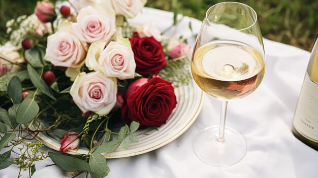 Hochzeits- und Veranstaltungsfeier-Tischgestaltung mit Blumen, formelle Tischgestaltung mit Rosen und Wein, elegantes Blumen-Tischdekor für Abendessen und Urlaubsdekoration, Heimgestaltung