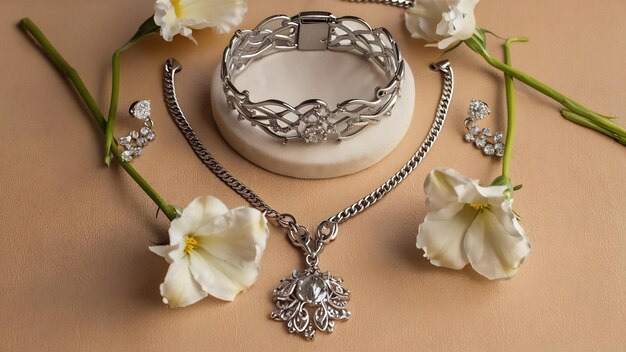 Hochzeitsaccessoires für Bräute Armband Ohrringe Kette mit Anhänger und Eustoma Blumen auf beige ba