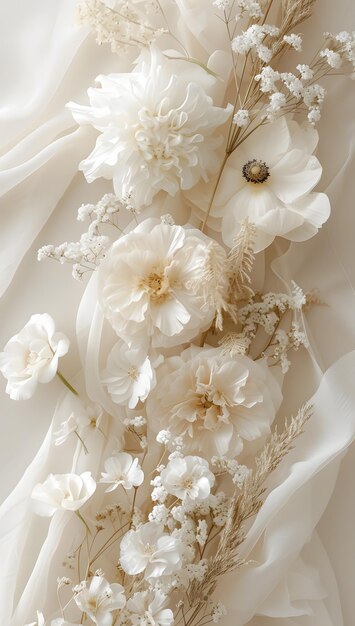 Hochzeitsbouquet aus weißen Blumen auf weißem Stoffhintergrund