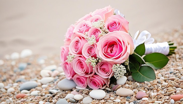 Foto hochzeitsbüchel mit rosen auf strandkiezeln