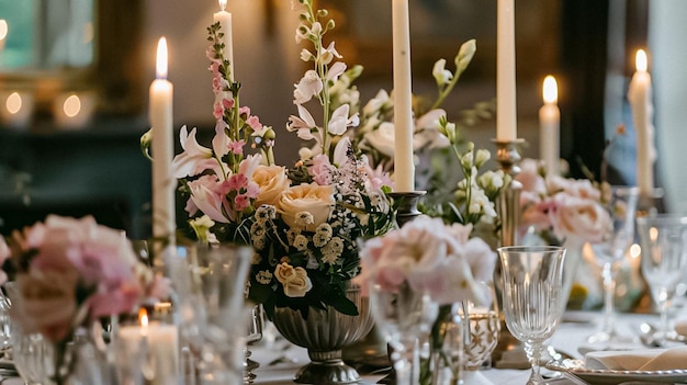 Foto hochzeitsdekoration in der hütte blumige landhochzeit dekoration kuchen und veranstaltungsfeier englisch ländlicher stil