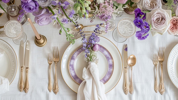 Hochzeitsdekoration mit Lavendelthema, Blumendekoration und wunderschönes Dekorationsarrangement