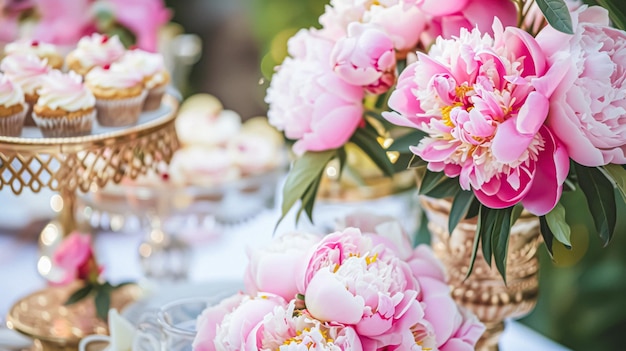 Hochzeitsdekoration mit Pfeunen Blumendekoration und Veranstaltungsfeier Pfeunenblumen und Hochzeitszeremonie im Garten im englischen Landstil