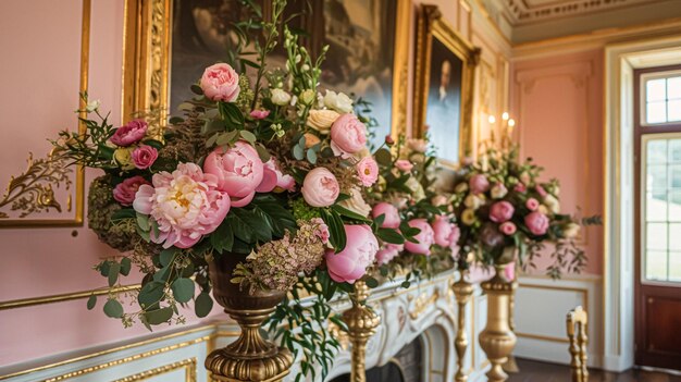 Hochzeitsdekoration mit Pfeunen Blumendekoration und Veranstaltungsfeier Pfeunenblumen und Hochzeitszeremonie im Garten im englischen Landstil