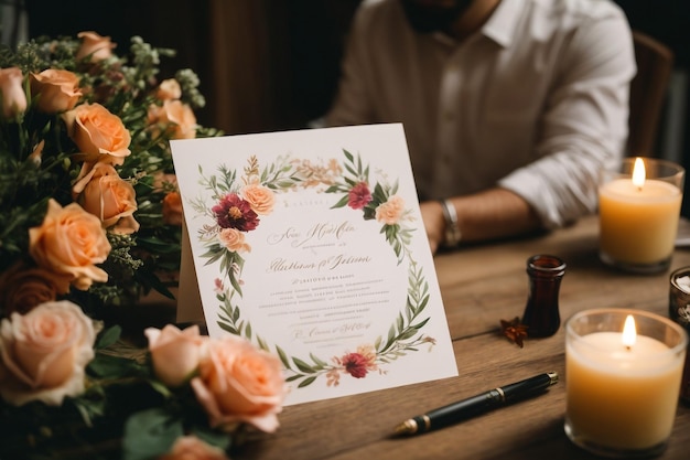 Hochzeitseinladungsbrief für frisch vermählte Gäste Die Ringe und der Brautstrauß liegen nebeneinander