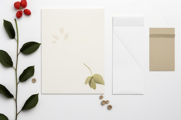 Hochzeitseinladungskarten, Papiere und Umschläge, die auf dem Tisch liegen und mit KI-generierten Blättern dekoriert sind