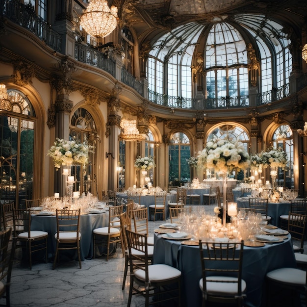 Hochzeitsfeier in einem großen Ballsaal mit eleganter Dekoration