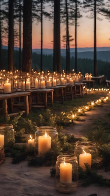 Hochzeitsfeierabend mit Kerzen und Lampen im Nadel- und Kiefernwald