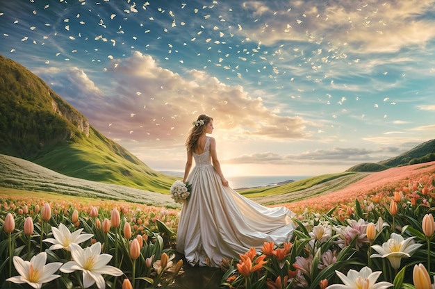 Hochzeitsfoto eines Bides in einem Lilienfeld