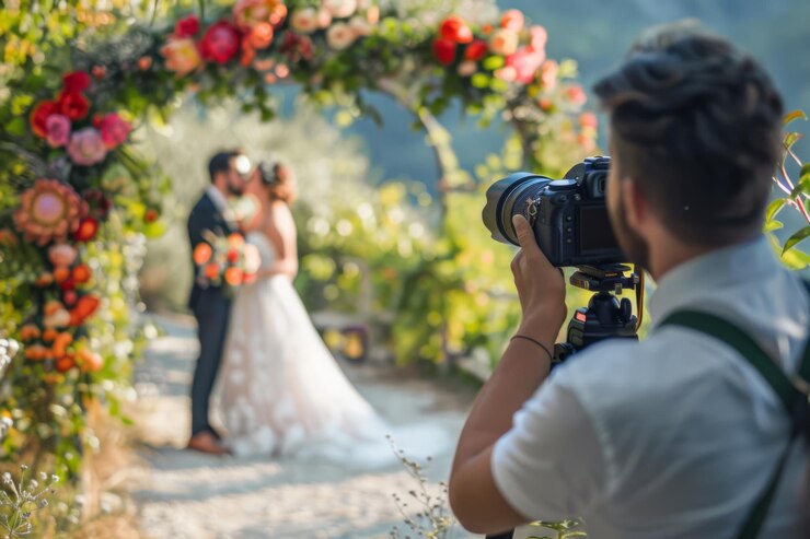 Foto hochzeitsfotograf, der den kuss aufnimmt