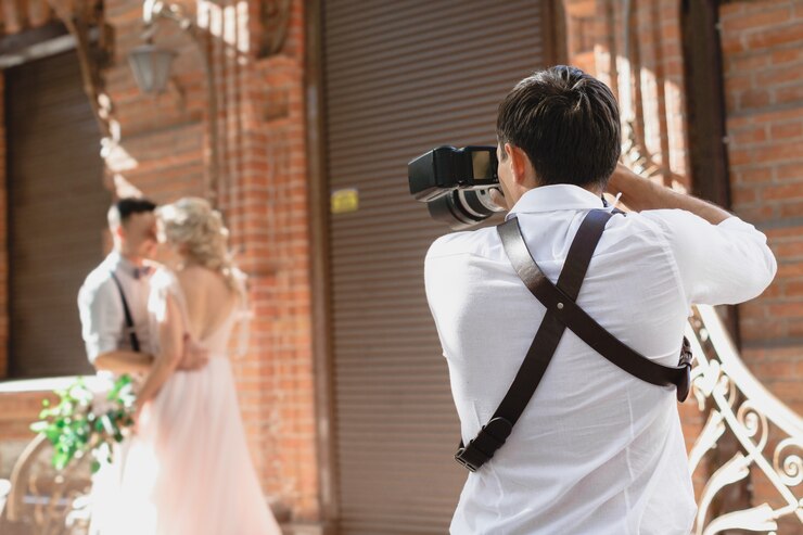Foto hochzeitsfotograf fotografiert braut und bräutigam in der stadt. hochzeitspaar auf fotoshooting. fotograf in aktion