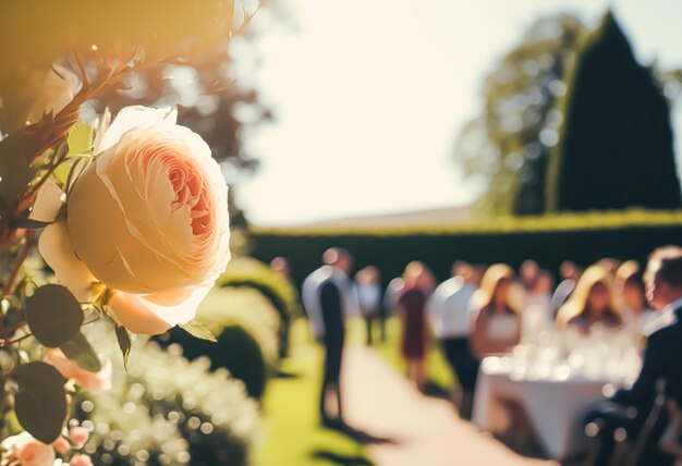 Hochzeitsgäste feiern an einem sonnigen Tag an einem wunderschönen Ort im Freien Luxus-Hochzeitsdekorationsidee und Dekorationsinspiration mit Blumenparty-Event-Feier auf dem Gartengut Generative Ai