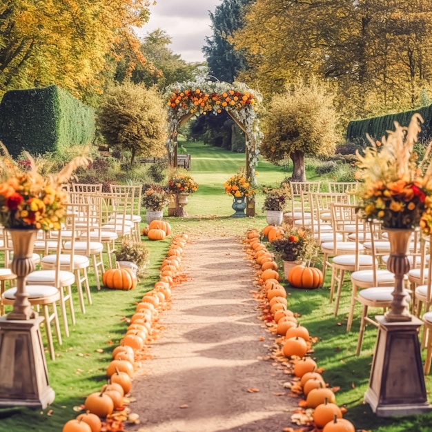 Hochzeitsgang-Blumendekoration und Hochzeitszeremonie, herbstliche Blumen und Dekoration im englischen Landschaftsgarten, Herbst-Landhausstil-Idee