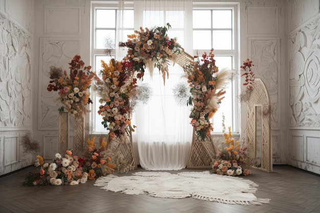 Hochzeitshintergrund ästhetische Blumendekoration Indoor Studio Hintergrund AI generiert