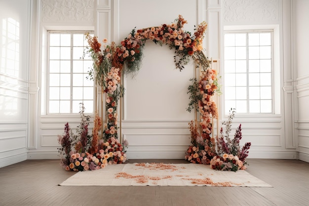 Hochzeitshintergrund ästhetische Blumendekoration Indoor Studio Hintergrund AI generiert