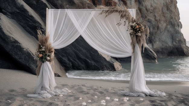 Hochzeitshintergrund, ästhetische Blumendekoration, Strand im Freien, grauer Sandhintergrund, KI-generiert