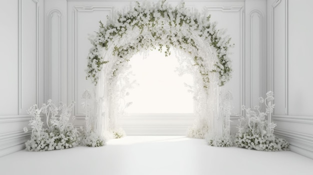 Hochzeitshintergrund, ästhetische Blumenkranzdekoration, weißer Innenhintergrund, KI-generiert
