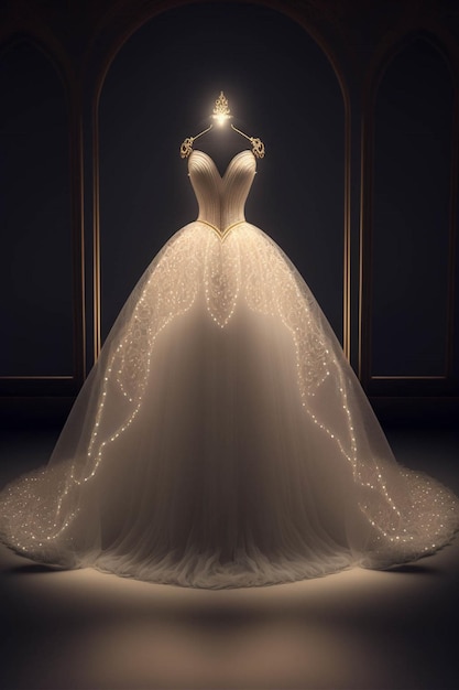Hochzeitskleid auf einer Schaufensterpuppe in einem dunklen Raum, generative KI