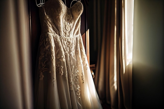 Hochzeitskleid, das auf einem Kleiderbügel in einem Hotelzimmer hängt, generative ai