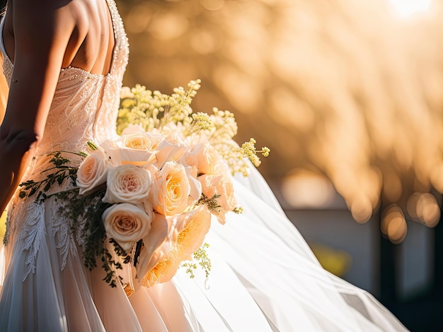 Hochzeitskleid und Blumenstrauß Foto ai generativ