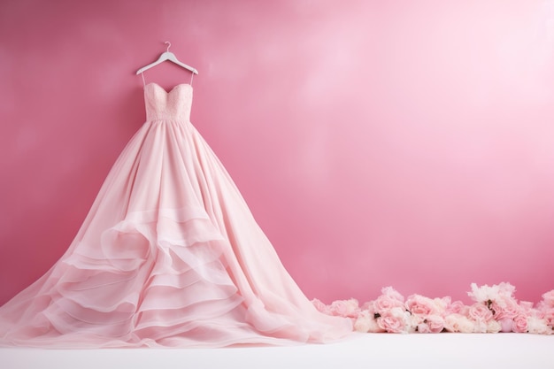 Hochzeitskleidengeschäft mit Blumen geschmückt Elegantes rosa Hochzeitskleid auf einem Aufhänger im Raum Generative KI-Illustration