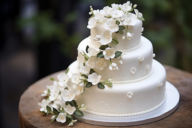 Foto hochzeitskuchen aus drei schichten weißer mastik