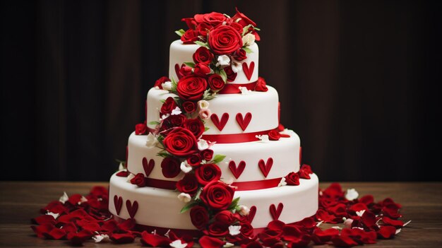 Hochzeitskuchen mit rotem Herz und roten Rosen