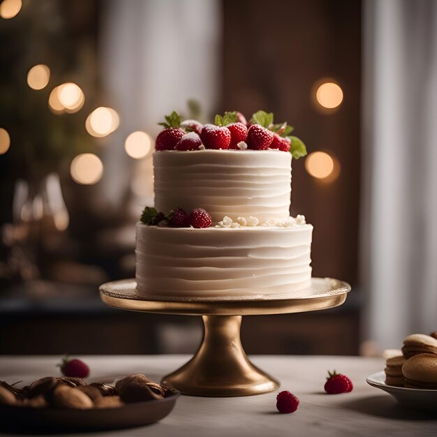 Hochzeitskuchen mit Sahne und Himbeeren auf dem Tisch