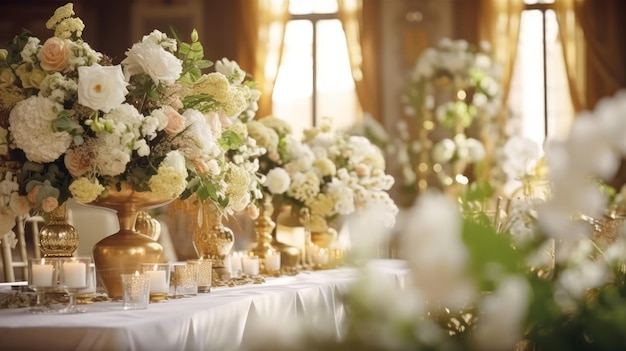 Hochzeitsortdekoration mit Blumenarrangements und eleganten KI-generierten Dekoren