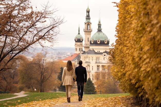 Hochzeitspaar auf einem Spaziergang im Belvedere in Wien