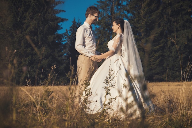 Hochzeitspaar Braut und Bräutigam in der Waldsommerzeit