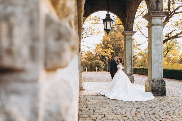 Hochzeitspaar, das im Park mit historischem Palast geht.