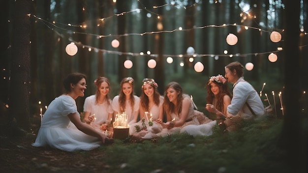 Hochzeitspaar mit Brautjungfern und besten Freunden sitzen im Wald