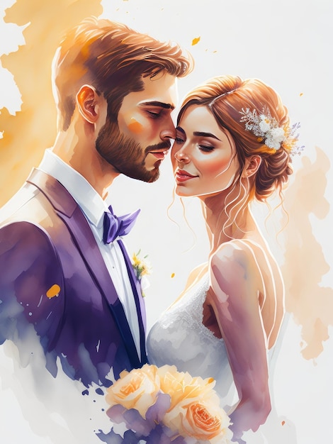 Hochzeitspaar mit Kopierraum Aquarell ai generativ