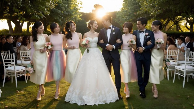 Hochzeitspaar und beste Freunde, gekleidet in modischen Hochzeitskleidungen, stehen in der Schlange.
