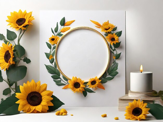 Foto hochzeitsrahmen mit gelben sonnenblumen und blättern für logo-mockup oder copy-paste