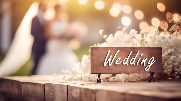 Hochzeitsschild mit Blume auf Holztisch
