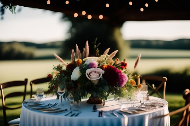 Hochzeitstafel mit Blumen und Geschirr auf dem Gras