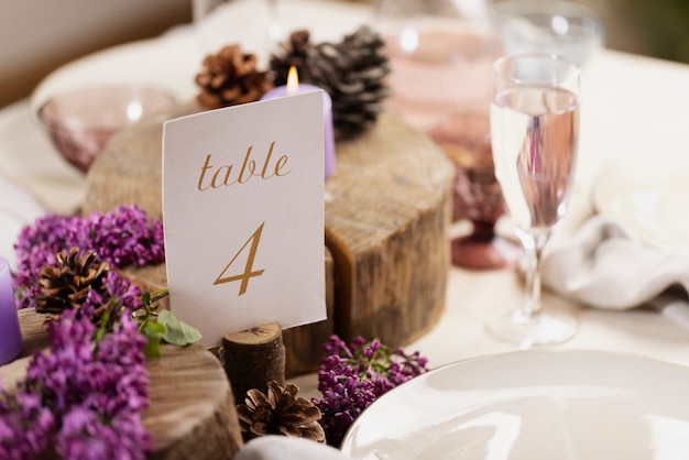 Hochzeitstafel mit violetten Kerzen und hohem Kartenwinkel